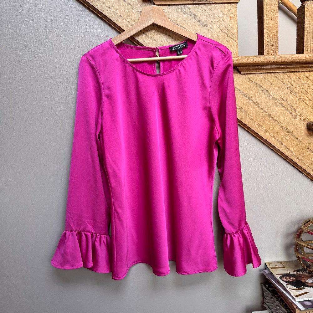 J.Crew Womens Bell Sleeve Tunic Blouse Top LT Tall Hot Pink Barbie Satin Ruffle